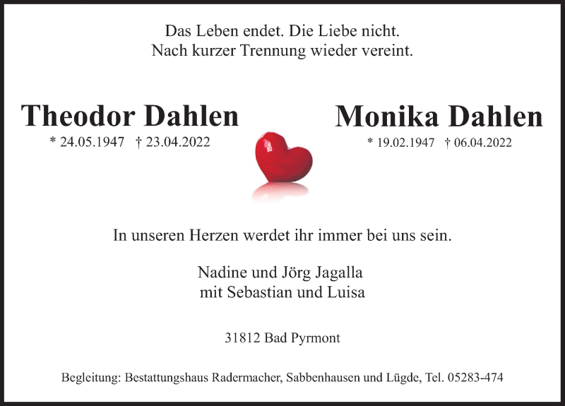  Traueranzeige für Theodor Dahlen vom 30.04.2022 aus Deister- und Weserzeitung