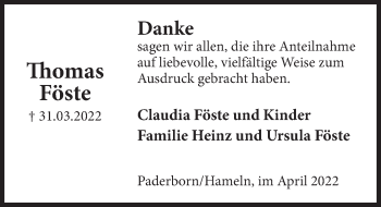 Traueranzeige von Thomas Föste von Deister- und Weserzeitung