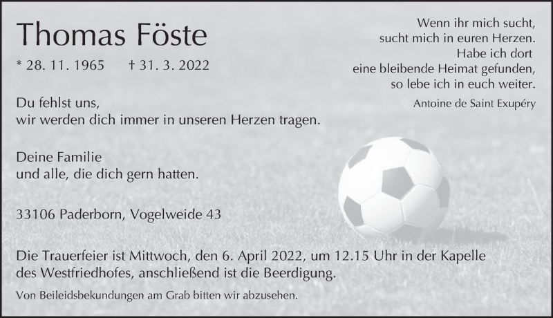  Traueranzeige für Thomas Föste vom 04.04.2022 aus Deister- und Weserzeitung
