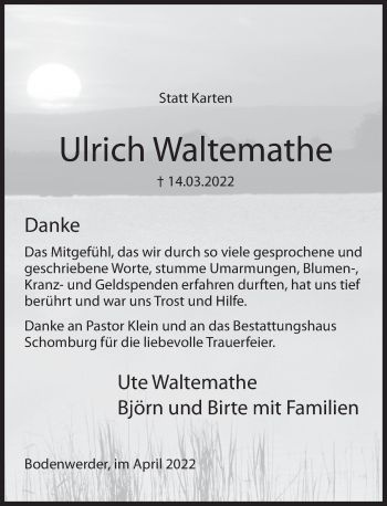Traueranzeige von Ulrich Waltemathe von Deister- und Weserzeitung