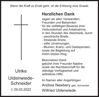 Traueranzeige von Ulrike Utdenwiede-Schneider von Deister- und Weserzeitung
