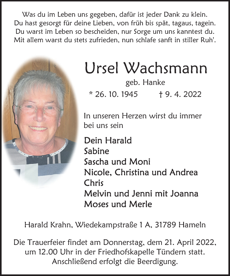  Traueranzeige für Ursel Wachsmann vom 16.04.2022 aus Deister- und Weserzeitung