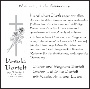Traueranzeige von Ursula Bartelt von Deister- und Weserzeitung