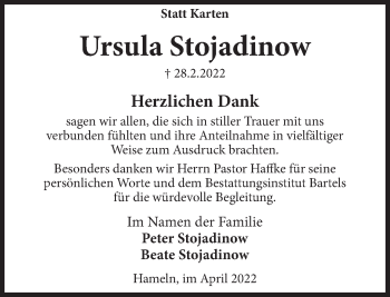 Traueranzeige von Ursula Stojadinow von Deister- und Weserzeitung