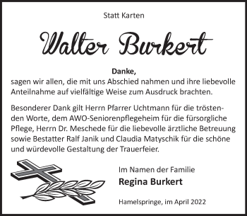 Traueranzeige von Walter Burkert von Neue Deister-Zeitung