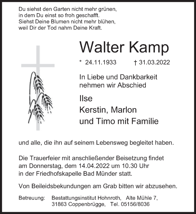  Traueranzeige für Walter Kamp vom 09.04.2022 aus Neue Deister-Zeitung