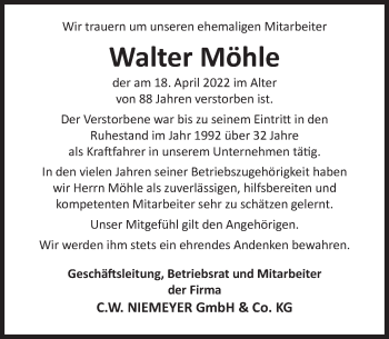 Traueranzeige von Walter Möhle von Deister- und Weserzeitung