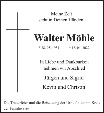 Traueranzeige von Walter Möhle von Deister- und Weserzeitung