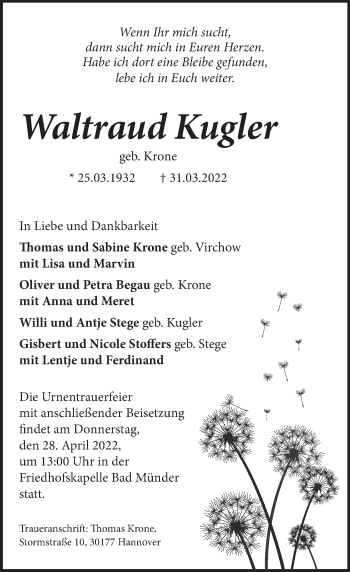 Traueranzeige von Waltraud Kugler von Neue Deister-Zeitung