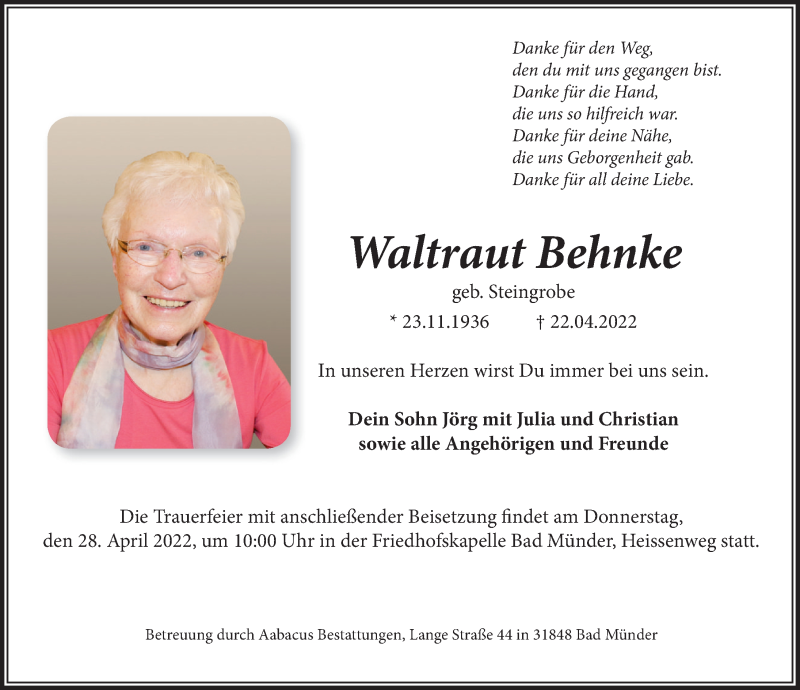  Traueranzeige für Waltraut Behnke vom 26.04.2022 aus Neue Deister-Zeitung