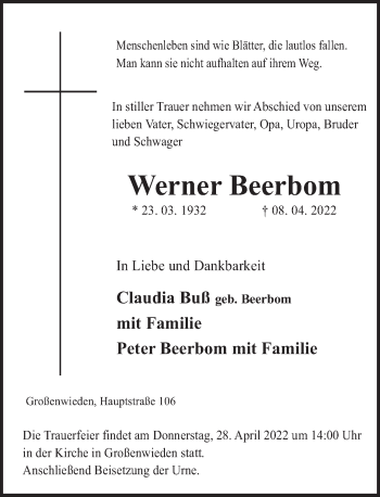 Traueranzeige von Werner Beerbom von Deister- und Weserzeitung