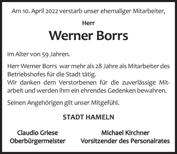 Traueranzeige von Werner Borrs von Deister- und Weserzeitung