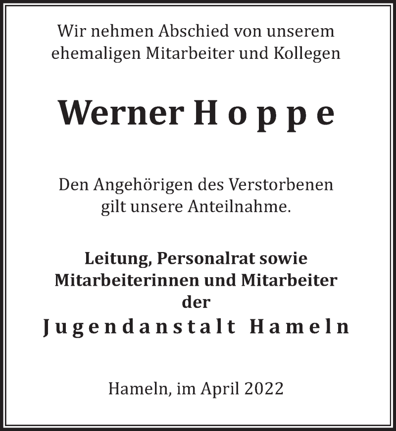  Traueranzeige für Werner Hoppe vom 28.04.2022 aus Deister- und Weserzeitung