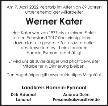 Traueranzeige von Werner Kater von Deister- und Weserzeitung