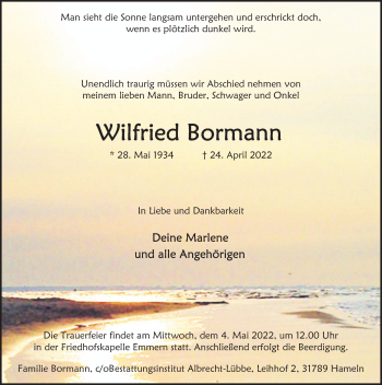 Traueranzeige von Wilfried Bormann von Deister- und Weserzeitung