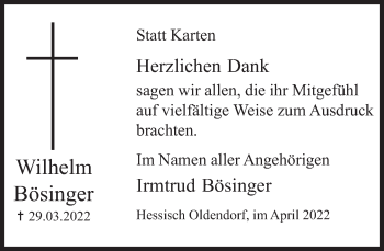 Traueranzeige von Wilhelm Bösinger von Deister- und Weserzeitung