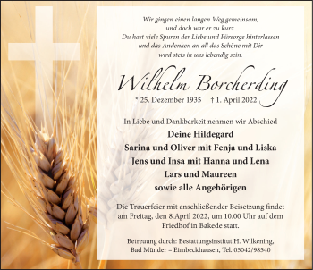 Traueranzeige von Wilhelm Borcherding von Neue Deister-Zeitung