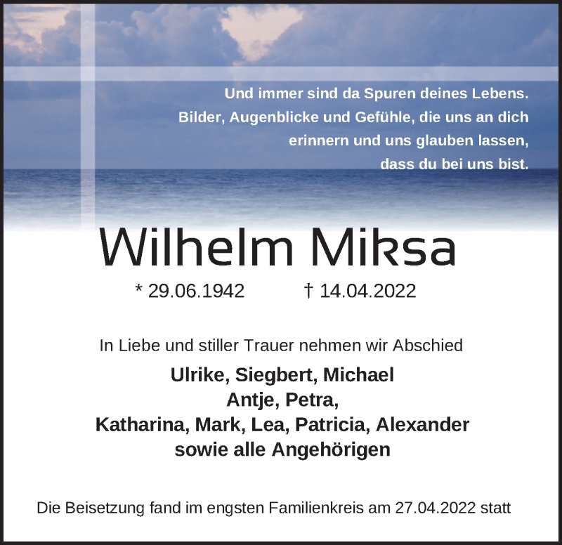 Traueranzeige für Wilhelm Miksa vom 28.04.2022 aus Neue Deister-Zeitung