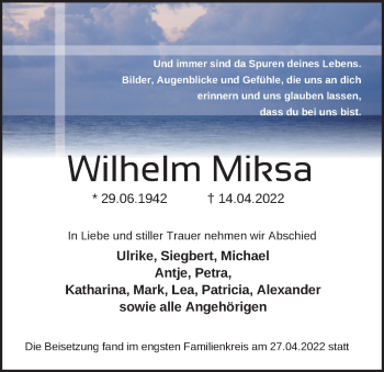 Traueranzeige von Wilhelm Miksa von Neue Deister-Zeitung