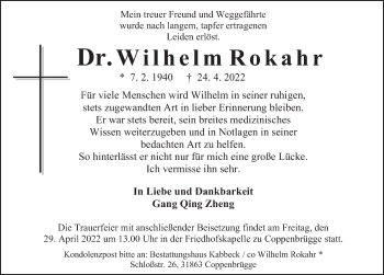 Traueranzeige von Wilhelm Rokahr von Deister- und Weserzeitung