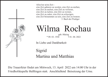 Traueranzeige von Wilma Rochau von Deister- und Weserzeitung