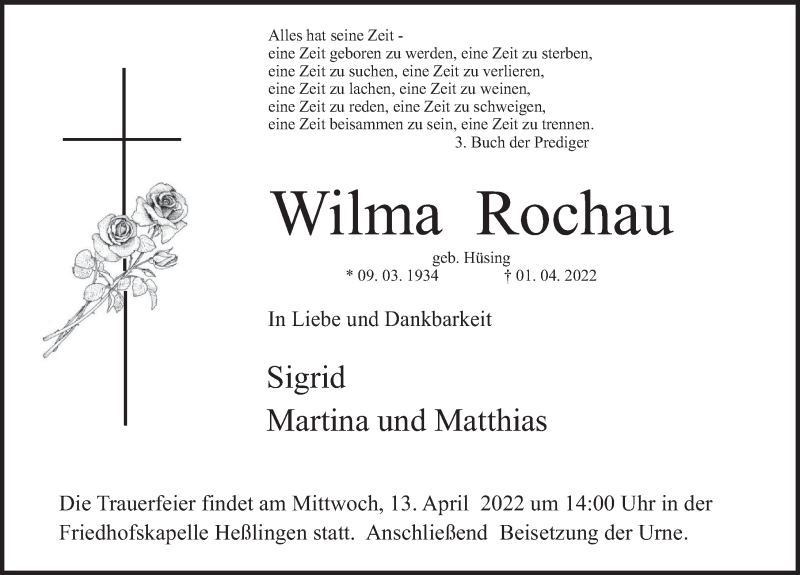  Traueranzeige für Wilma Rochau vom 09.04.2022 aus Deister- und Weserzeitung