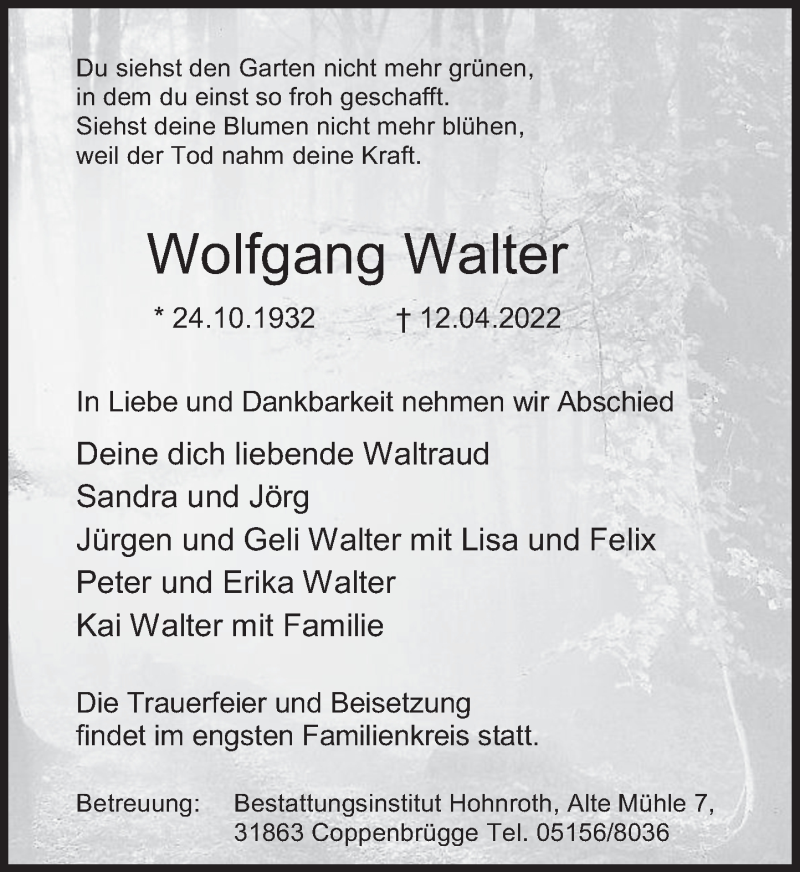  Traueranzeige für Wolfgang Walter vom 16.04.2022 aus Deister- und Weserzeitung