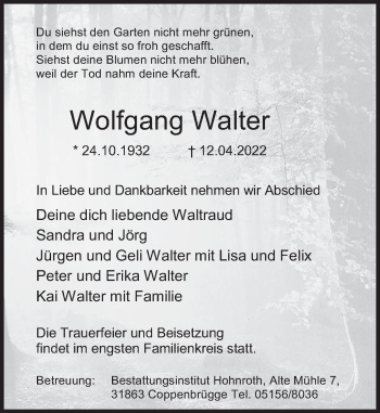 Traueranzeige von Wolfgang Walter von Deister- und Weserzeitung