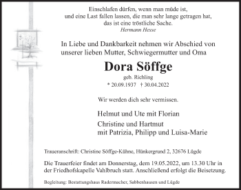 Traueranzeige von Dora Söffge von Deister- und Weserzeitung
