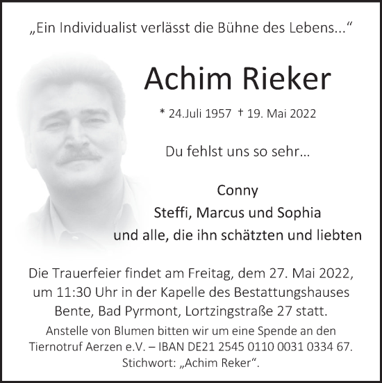 Traueranzeige von Achim Rieker von Deister- und Weserzeitung
