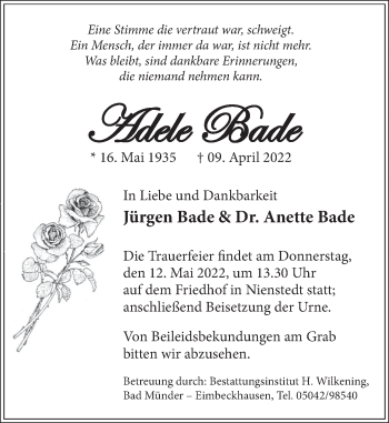 Traueranzeige von Adele Bade von Neue Deister-Zeitung