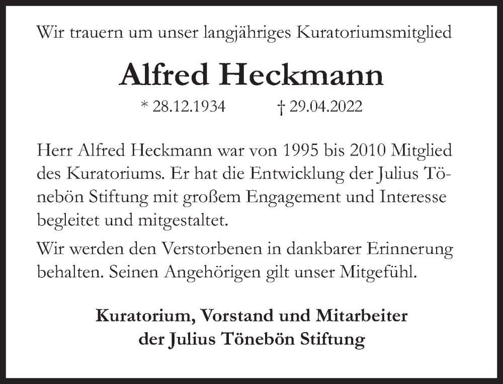  Traueranzeige für Alfred Heckmann vom 07.05.2022 aus Deister- und Weserzeitung