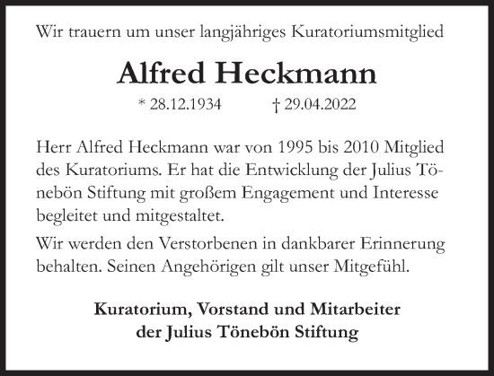 Traueranzeige von Alfred Heckmann von Deister- und Weserzeitung