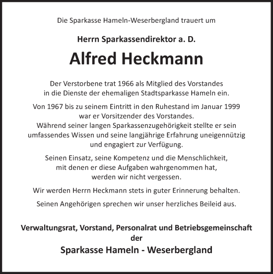 Traueranzeige von Alfred Heckmann von Deister- und Weserzeitung