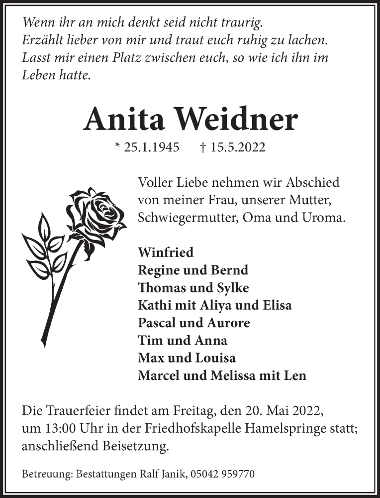  Traueranzeige für Anita Weidner vom 18.05.2022 aus Neue Deister-Zeitung