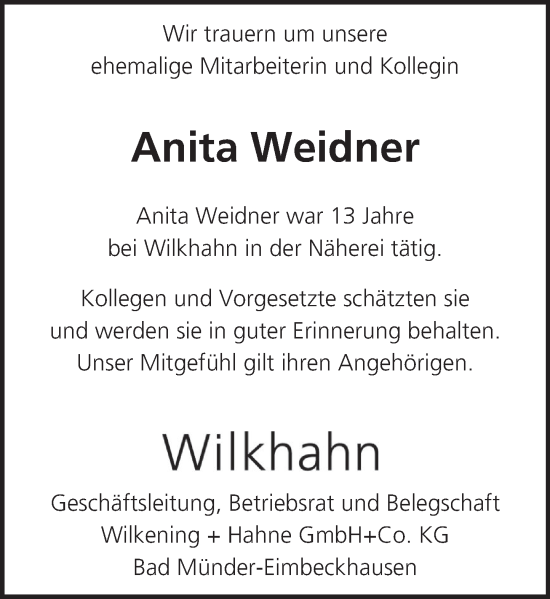 Traueranzeige von Anita Weidner von Neue Deister-Zeitung