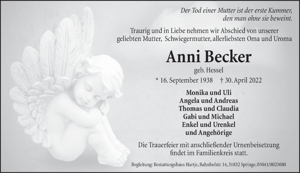  Traueranzeige für Anna Becker vom 07.05.2022 aus Neue Deister-Zeitung