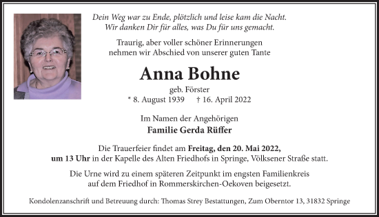Traueranzeige von Anna Bohne von Neue Deister-Zeitung