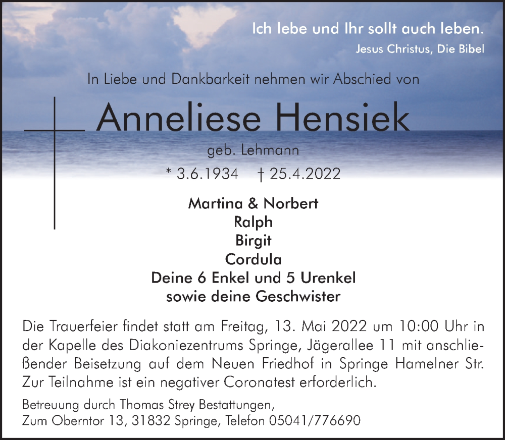 Traueranzeige für Anneliese Hensiek vom 07.05.2022 aus Neue Deister-Zeitung