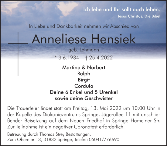 Traueranzeige von Anneliese Hensiek von Neue Deister-Zeitung