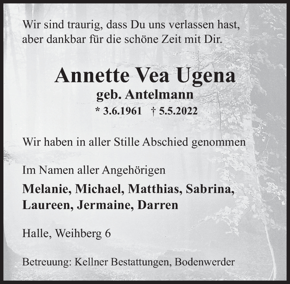  Traueranzeige für Annette  Vea Ugena vom 24.05.2022 aus Deister- und Weserzeitung