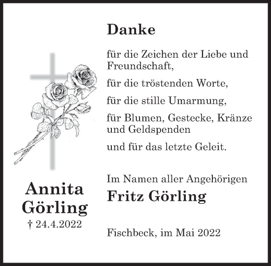 Traueranzeige von Annita Görling von Deister- und Weserzeitung