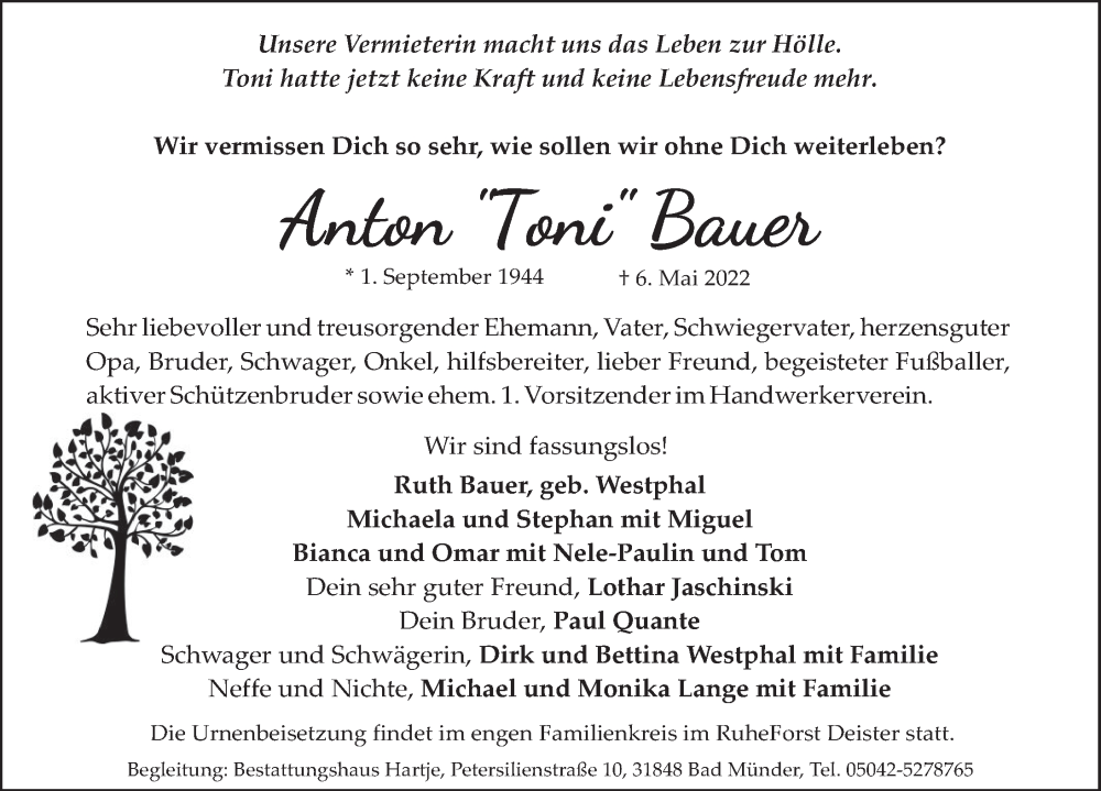  Traueranzeige für Anton Bauer vom 14.05.2022 aus Neue Deister-Zeitung