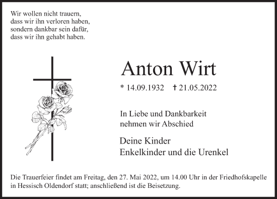 Traueranzeige von Anton Wirt von Deister- und Weserzeitung