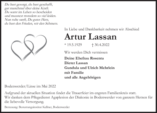 Traueranzeige von Artur Lassan von Deister- und Weserzeitung