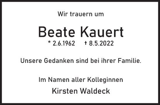 Traueranzeige von Beate Kauert von Deister- und Weserzeitung