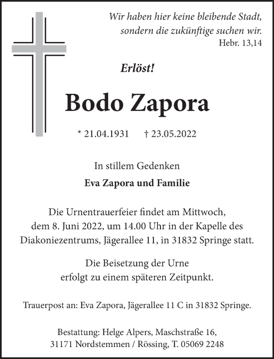 Traueranzeige von Bodo Zapora von Neue Deister-Zeitung