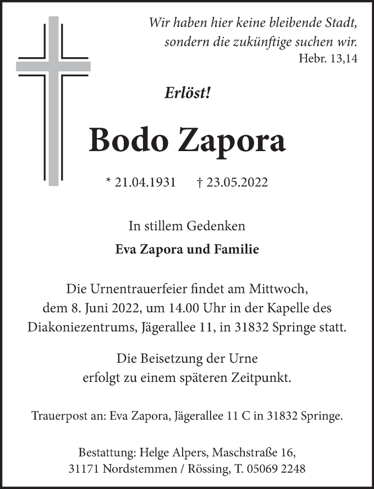  Traueranzeige für Bodo Zapora vom 25.05.2022 aus Neue Deister-Zeitung