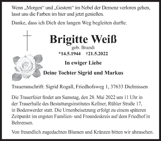 Traueranzeige von Brigitte Weiß von Deister- und Weserzeitung