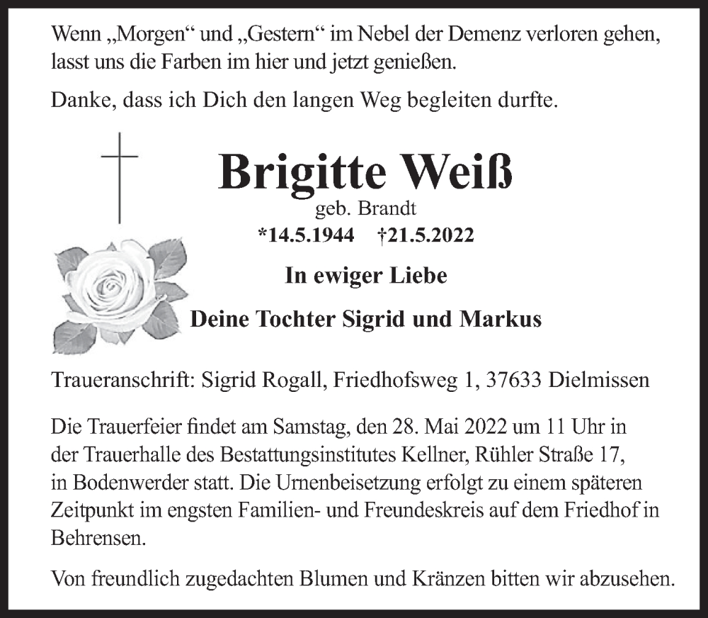  Traueranzeige für Brigitte Weiß vom 25.05.2022 aus Deister- und Weserzeitung